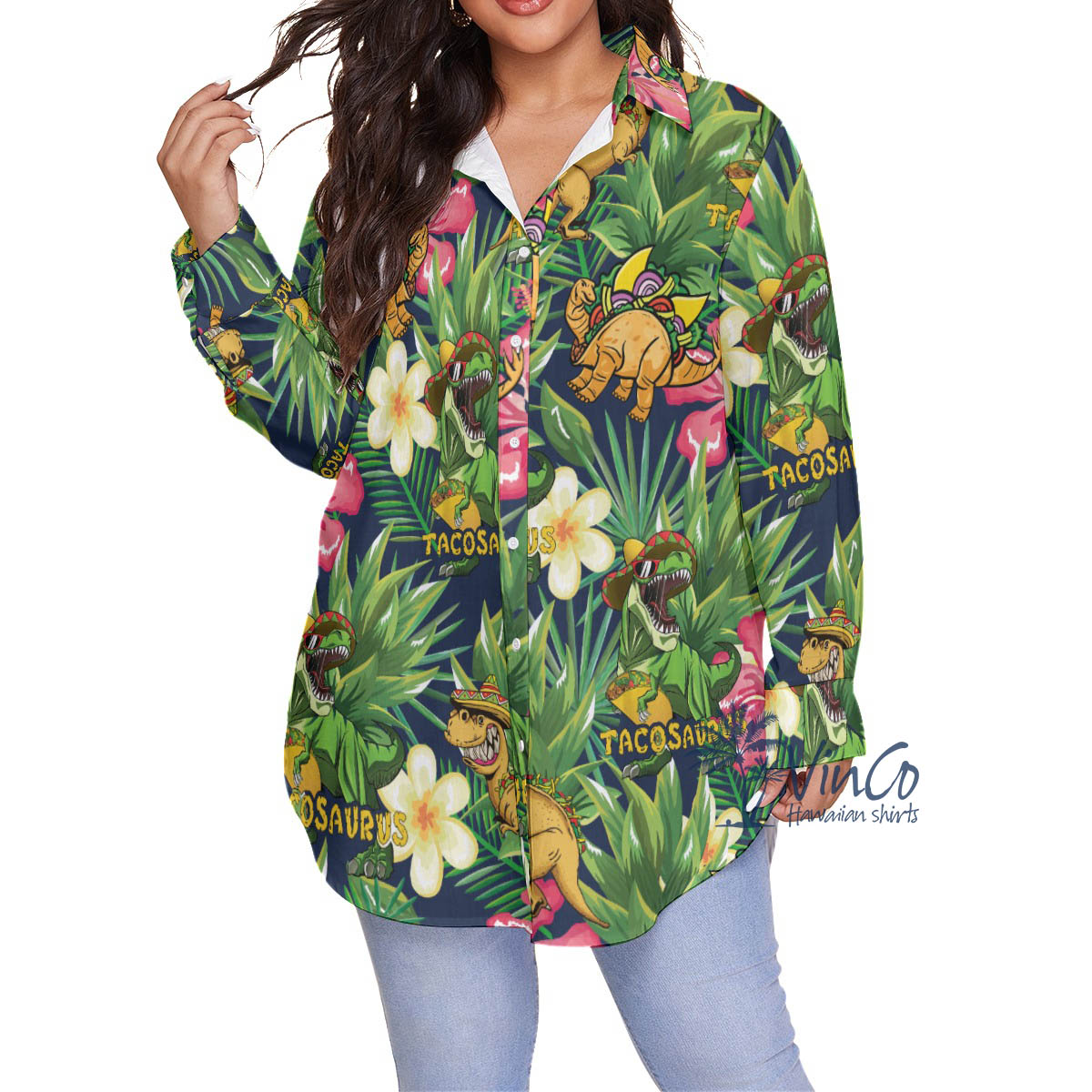 Tropical Taco Dinosaur Plus Size Hawaiian Shirt For Women - variant image 1