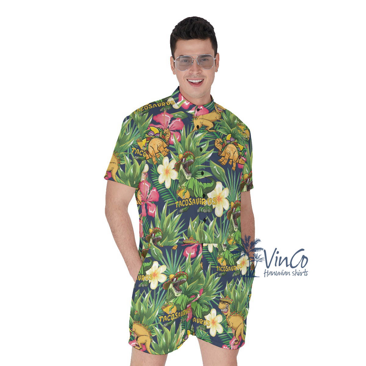 Tropical Dinosaur Taco Men's Hawaiian Romper - variant image 1