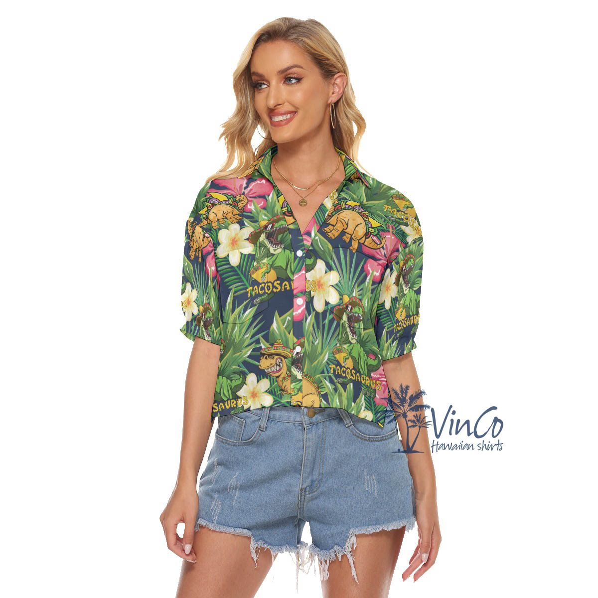 Funny Tacosaurus Tropical Aloha Crop Top Shirt - variant image 1