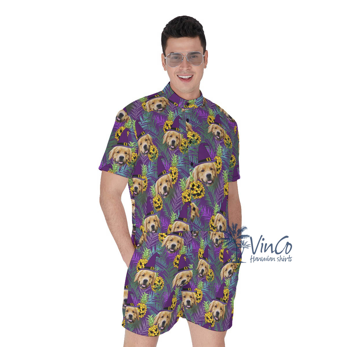 Custom Dog Photo Halloween Hawaiian Romper For Men - variant image 1