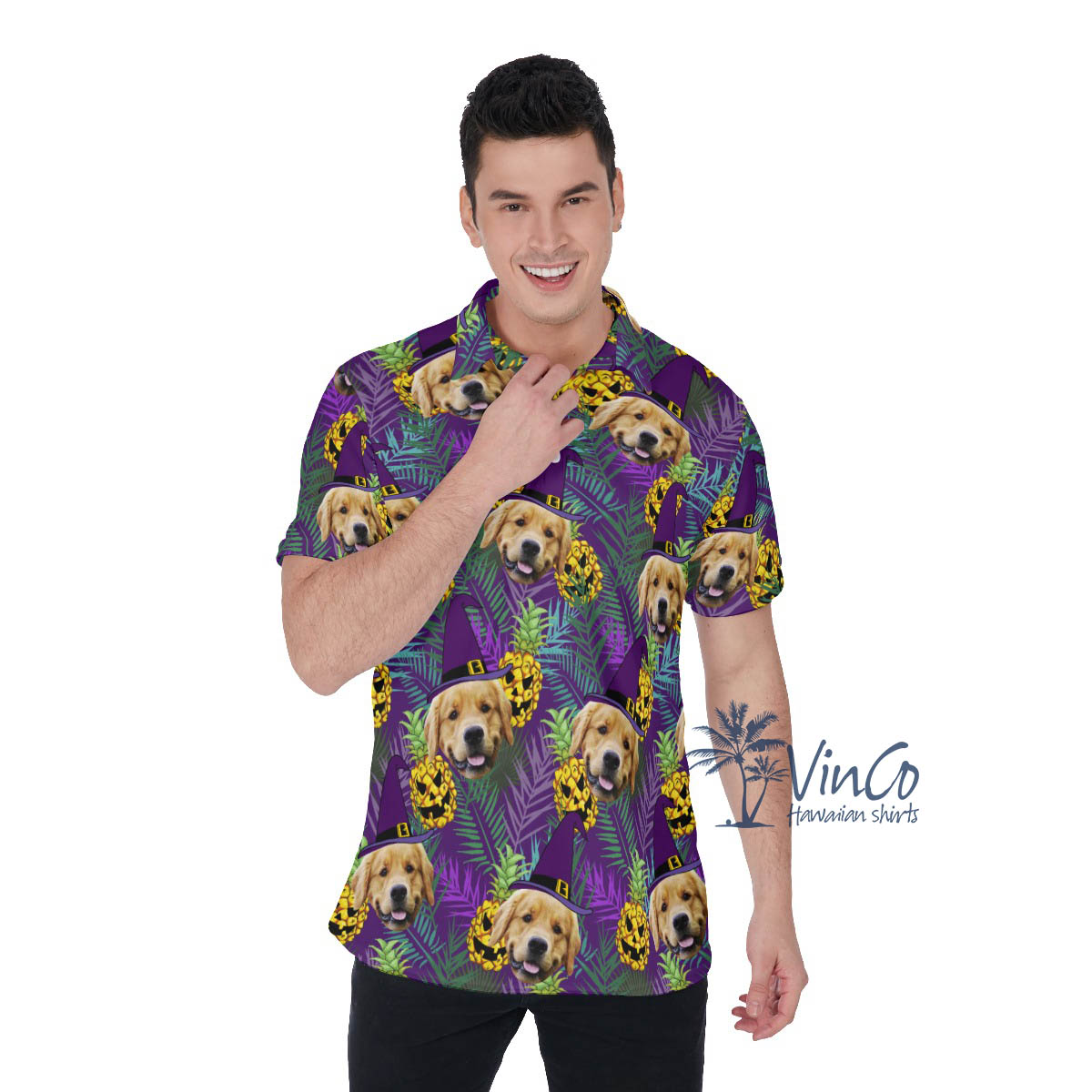 Custom Pet Face Halloween Hawaiian Polo Shirt For Men - variant image 1