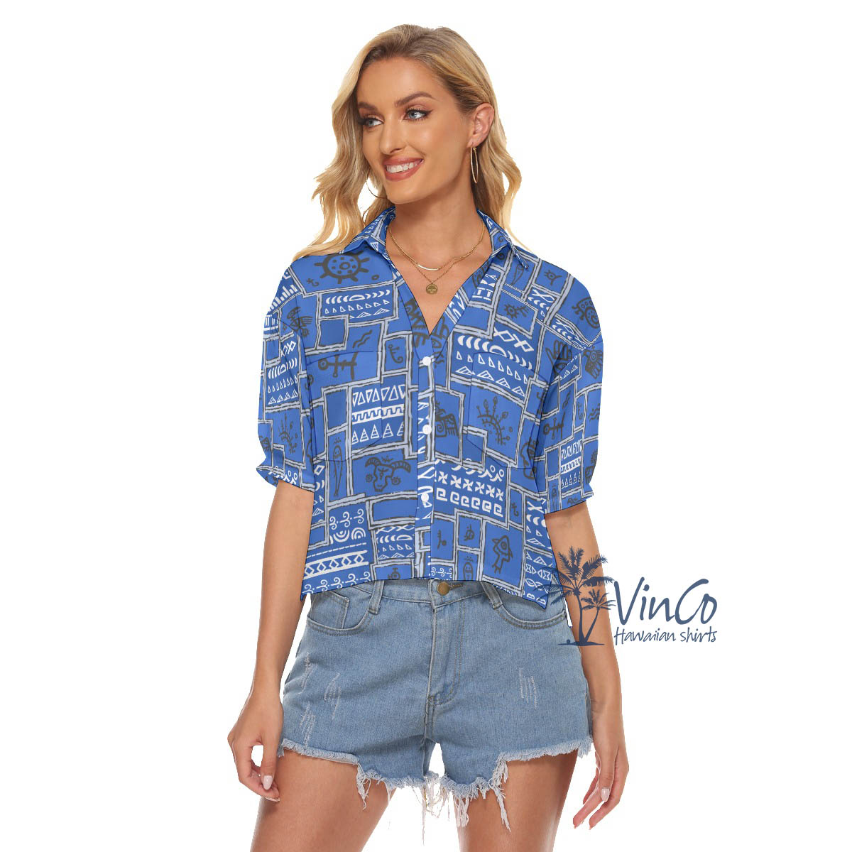 Vintage Navy Aloha Crop Top Shirt With Ethnic Patterns For Women - variant image 1