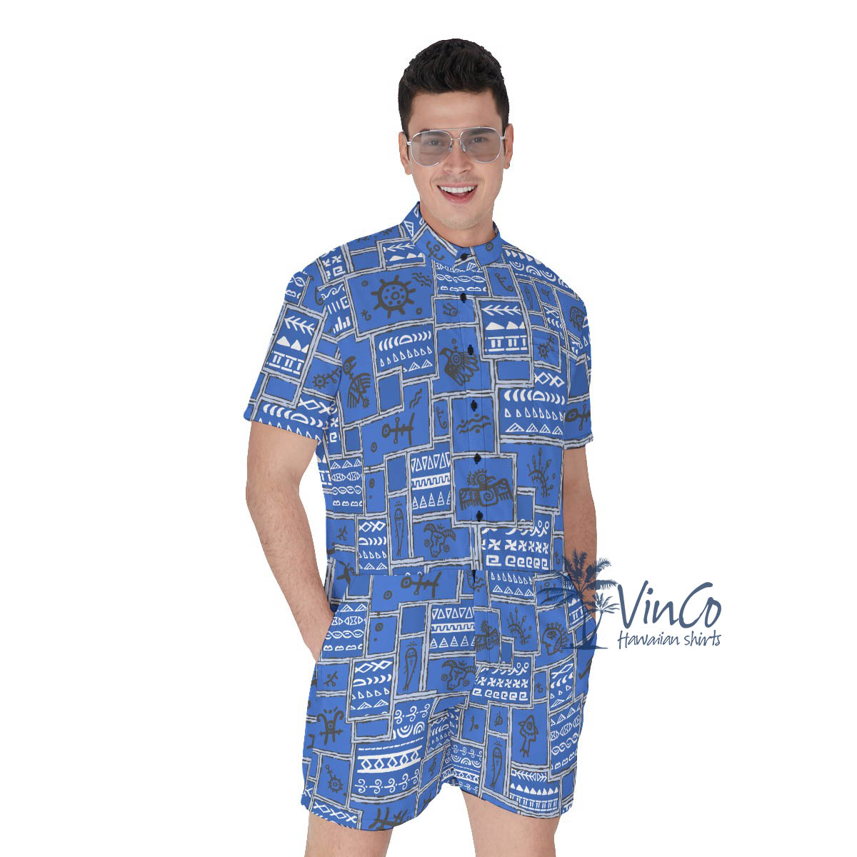 Vintage Navy Men's Hawaiian Romper With Ethnic Patterns - variant image 1