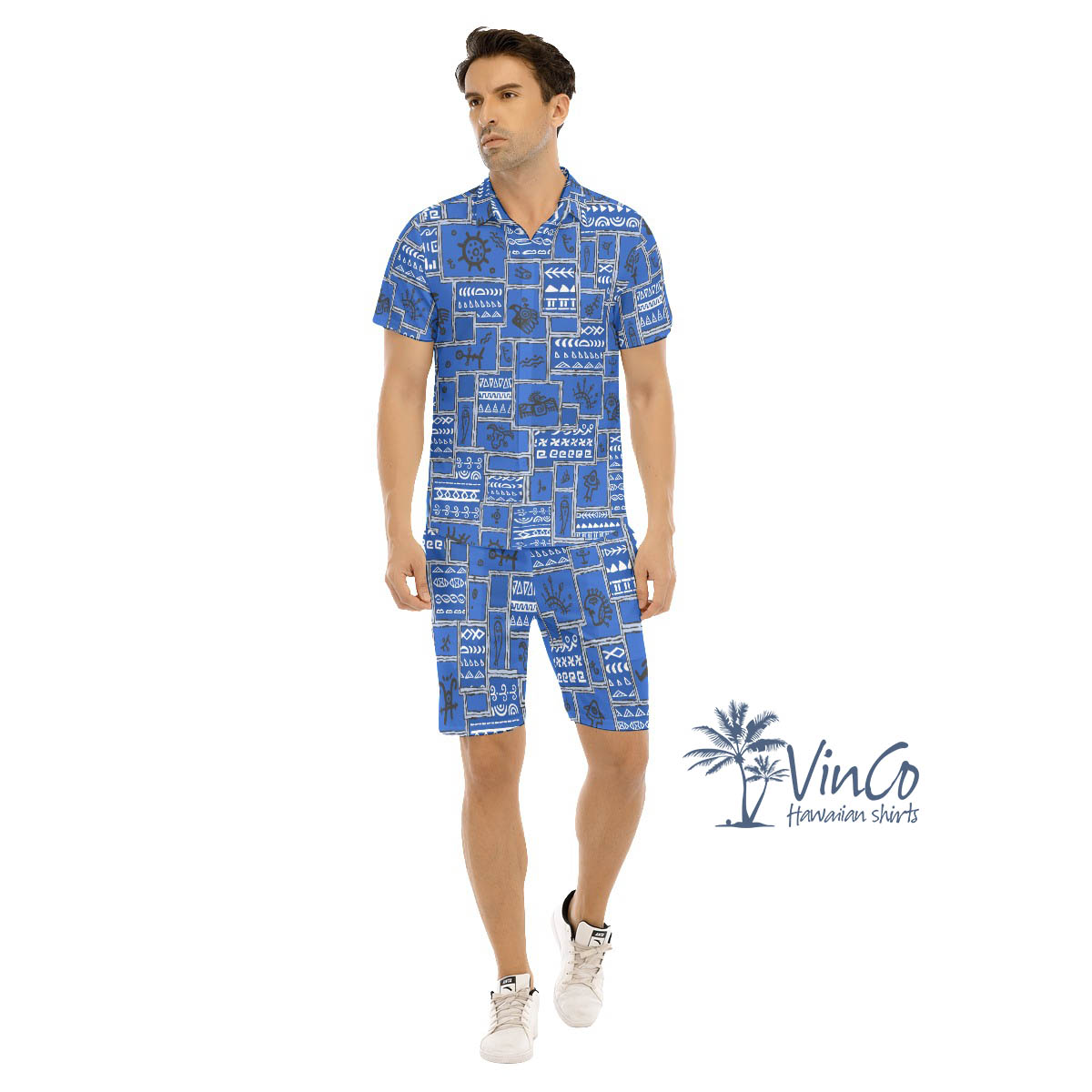 Vintage Blue Hawaiian Shirt And Shorts With Ethnic Patterns - variant image 1