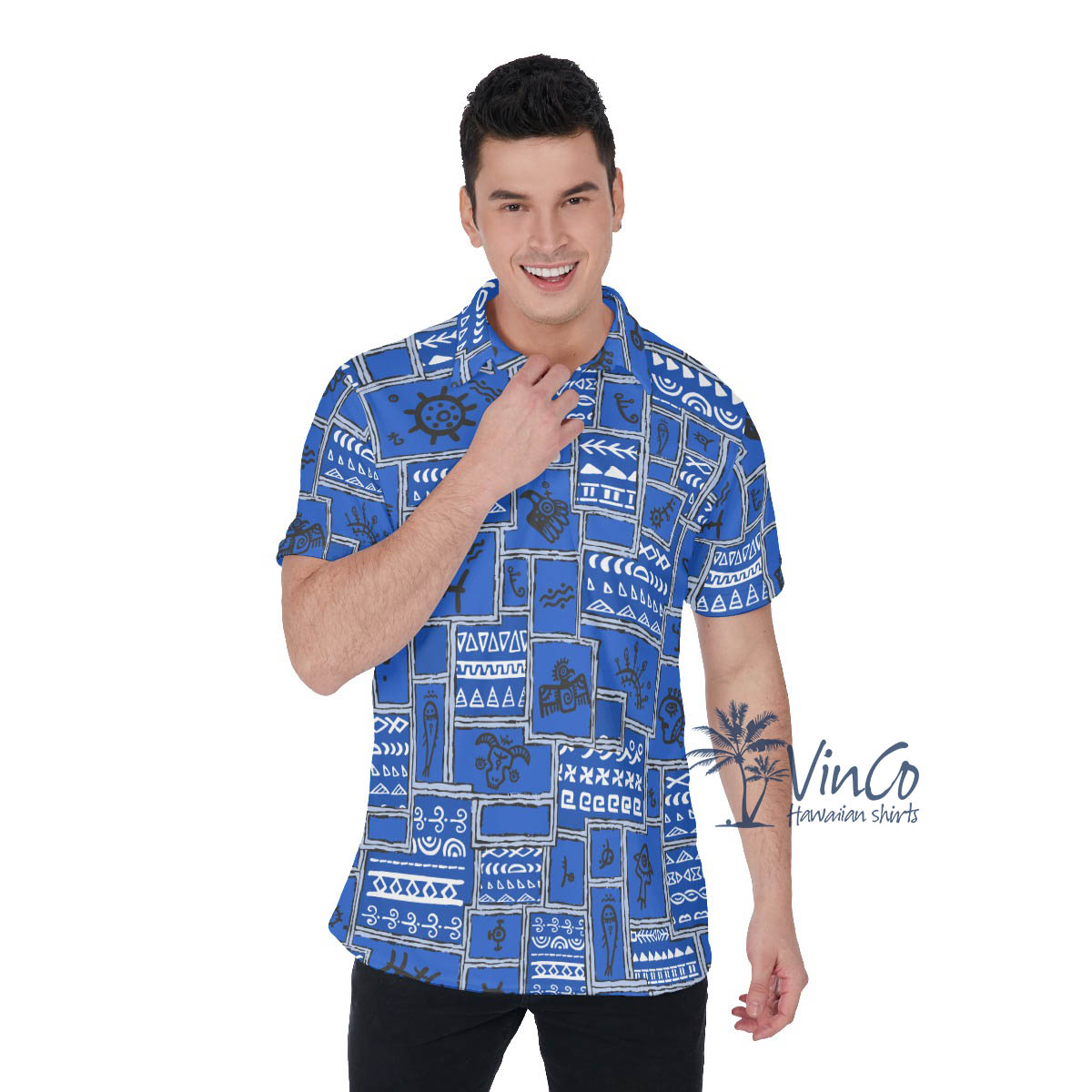 Ethnic Style Navy Vintage Hawaiian Polo Shirt For Men - variant image 1