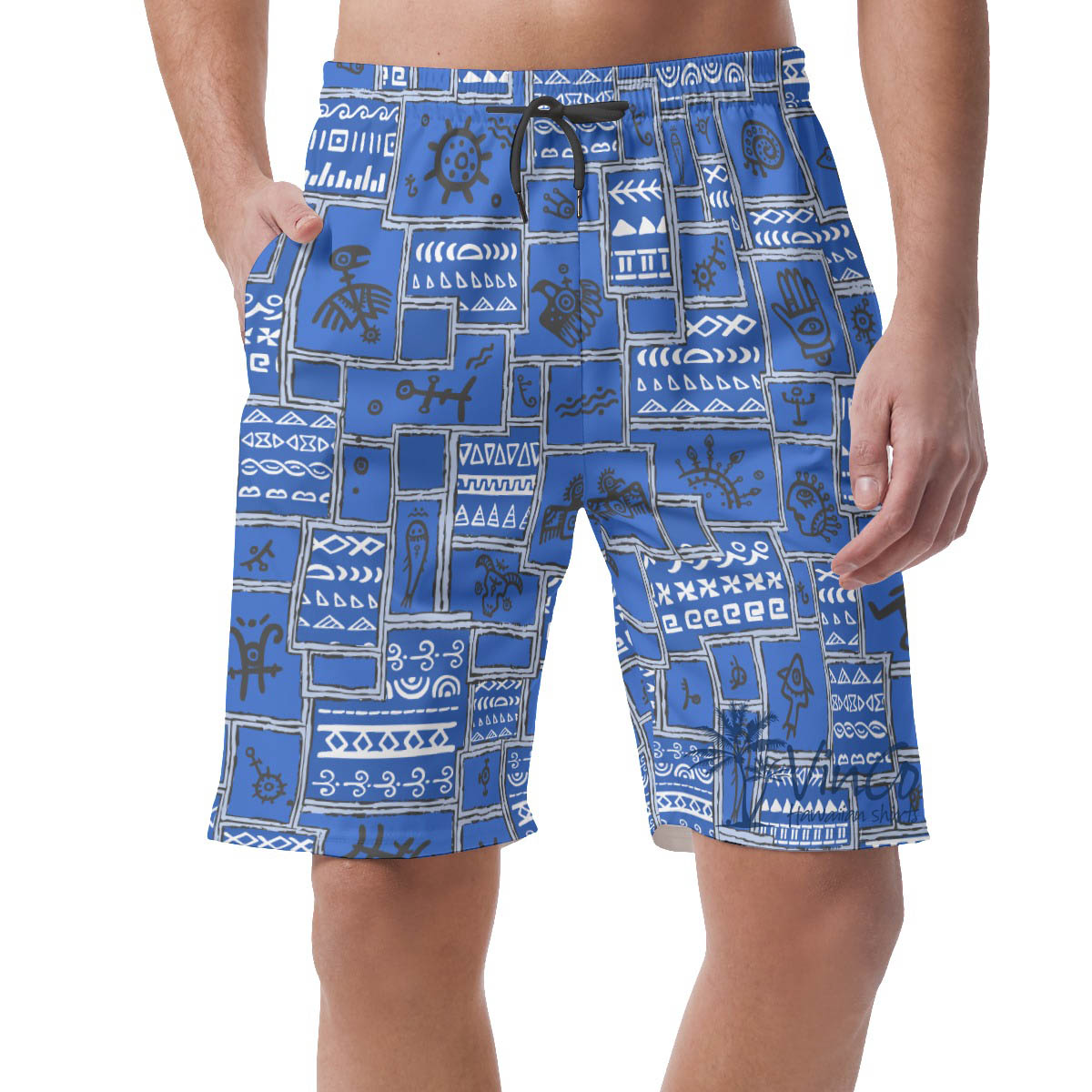 Blue Vintage Hawaiian Beach Shorts With Ethnic Patterns - variant image 1