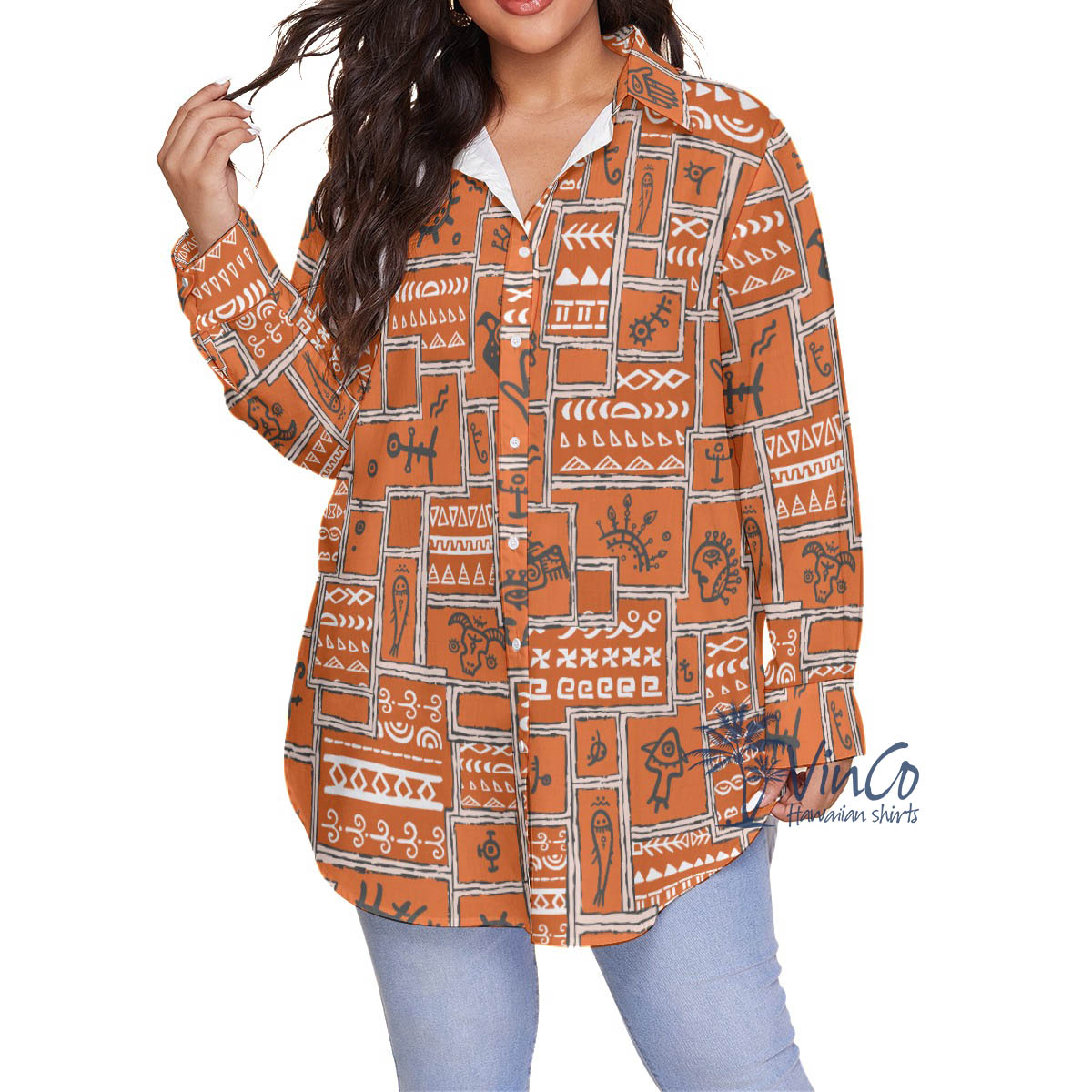 Orange Vintage Plus Size Hawaiian Shirt With Ethnic Style - variant image 1