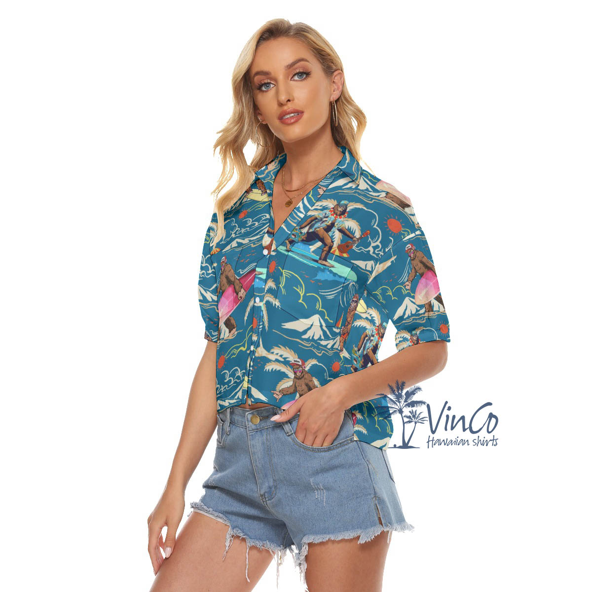 Surfing Bigfoot Hawaiian Cropped Shirt For Women