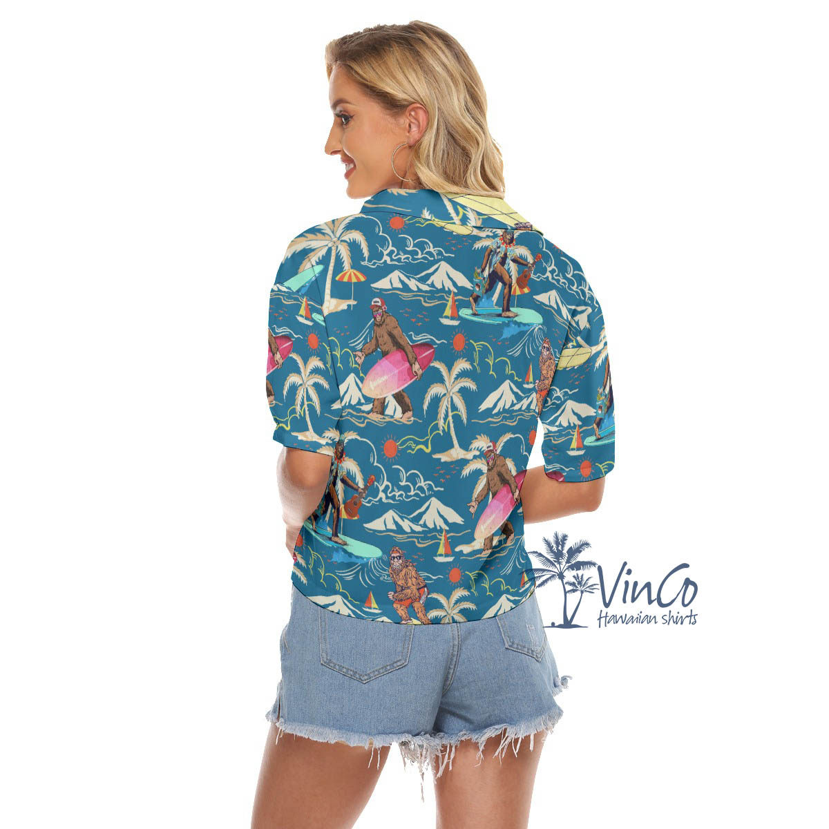 Surfing Bigfoot Hawaiian Cropped Shirt For Women