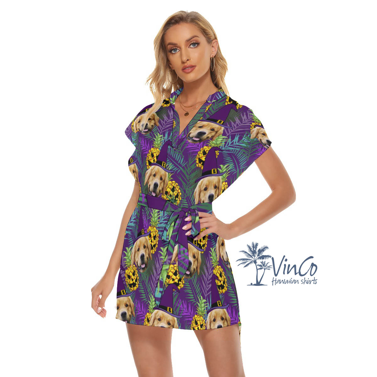 Custom Pet Face Halloween Hawaiian Dress For Women