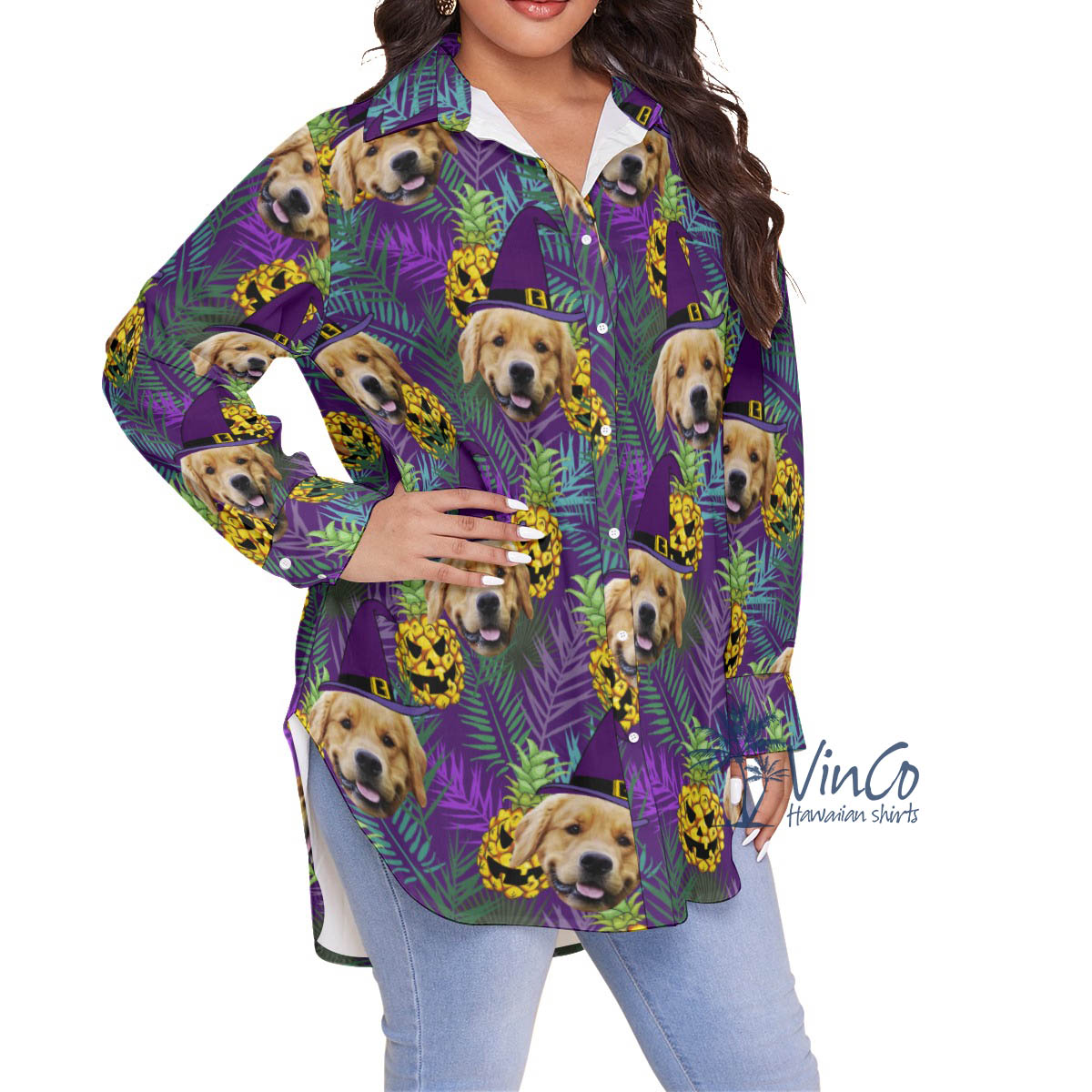 Funny Custom Dog Face Halloween Plus Size Hawaiian Shirt For Women