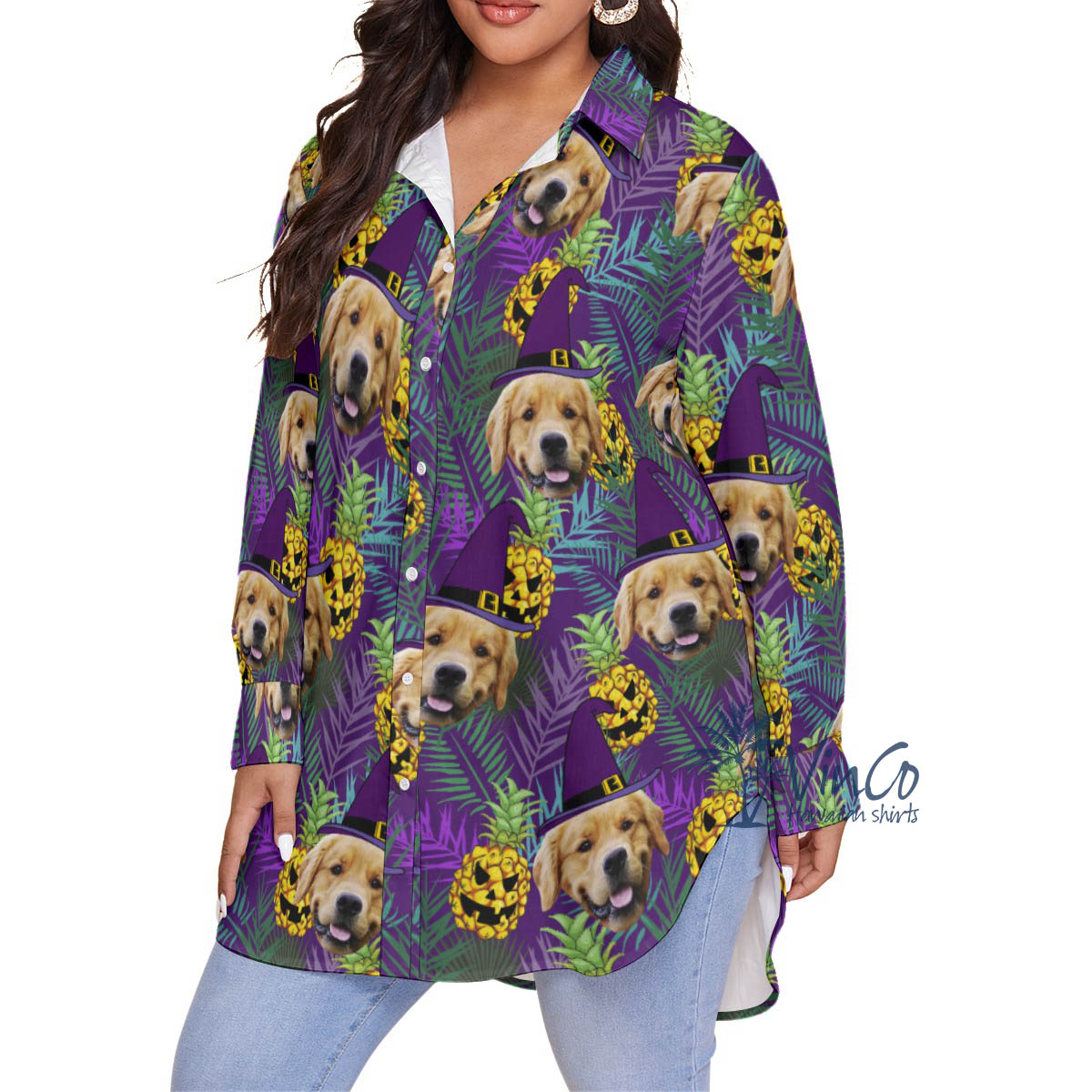 Funny Custom Dog Face Halloween Plus Size Hawaiian Shirt For Women