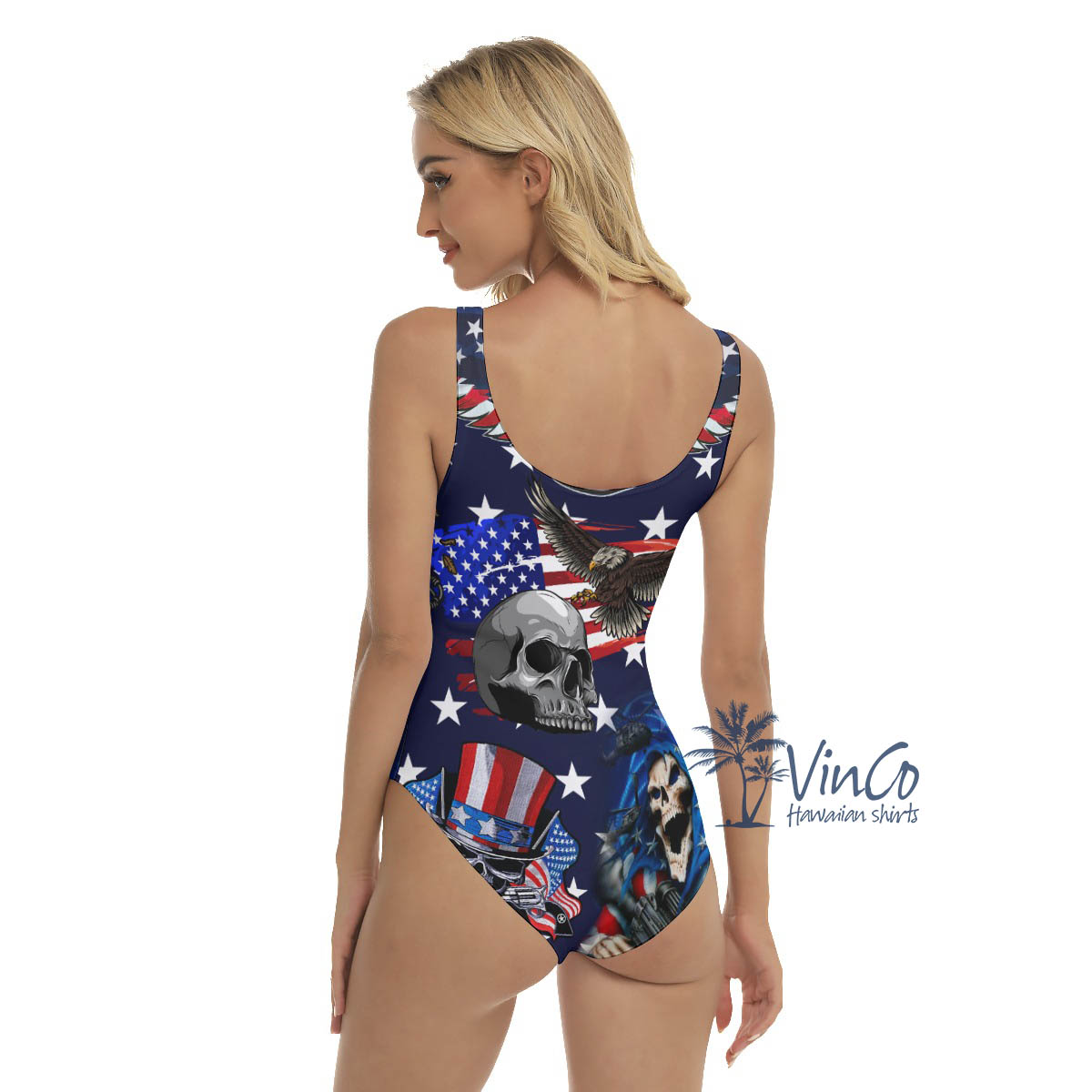 Funny 4th Of July Skull American Eagle Hawaiian Swimsuit