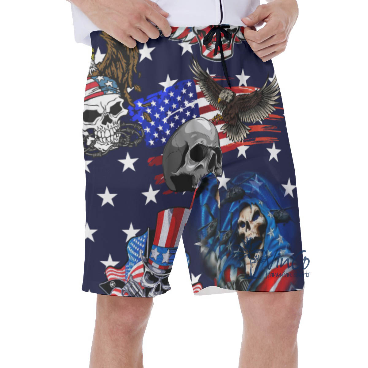 American Eagle Skull Patriotic Hawaiian Swim Trunks For Men