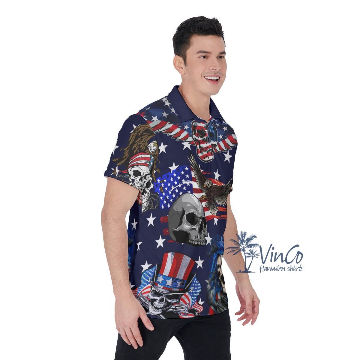 4th Of July Skull American Eagle Hawaiian Polo Shirt For Men
