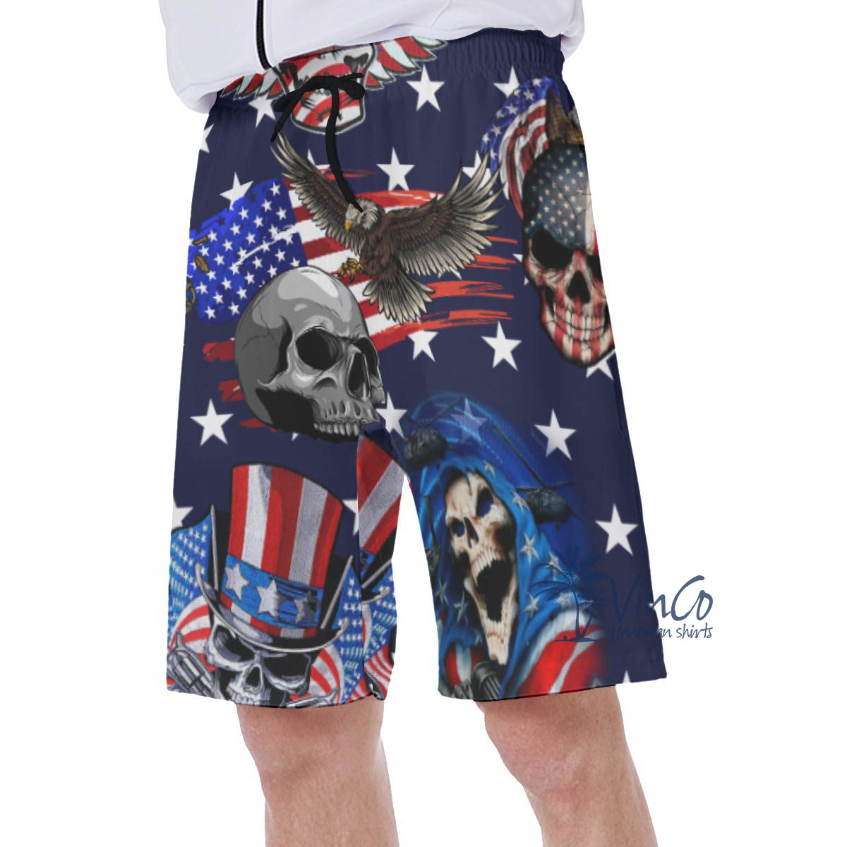 American Eagle Skull Patriotic Hawaiian Swim Trunks For Men