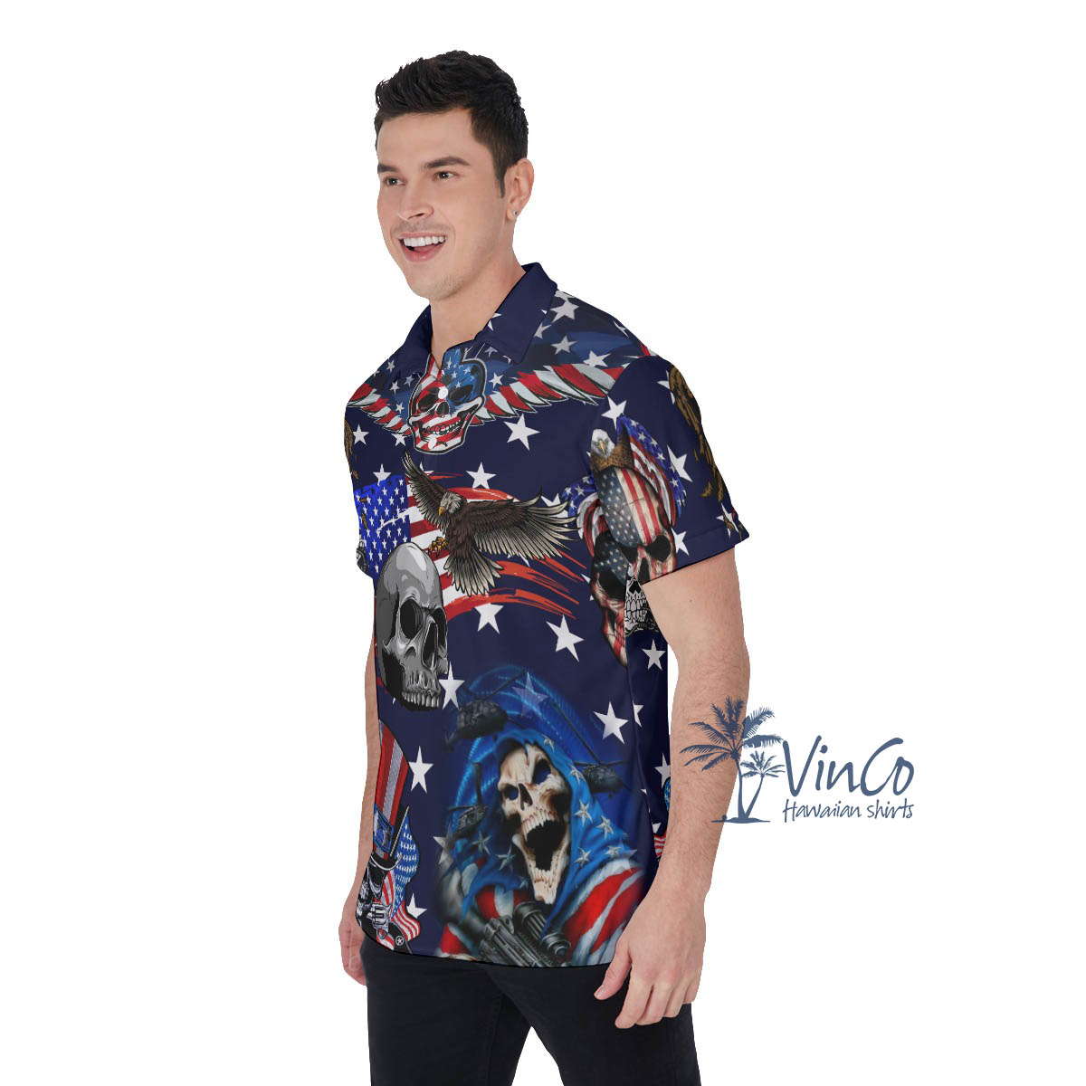 4th Of July Skull American Eagle Hawaiian Polo Shirt For Men