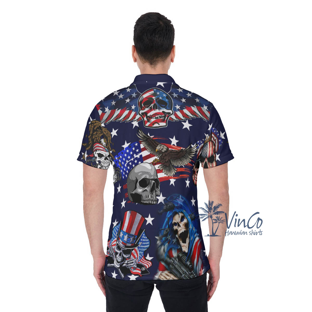 4th Of July Skull American Eagle Hawaiian Polo Shirt For Men
