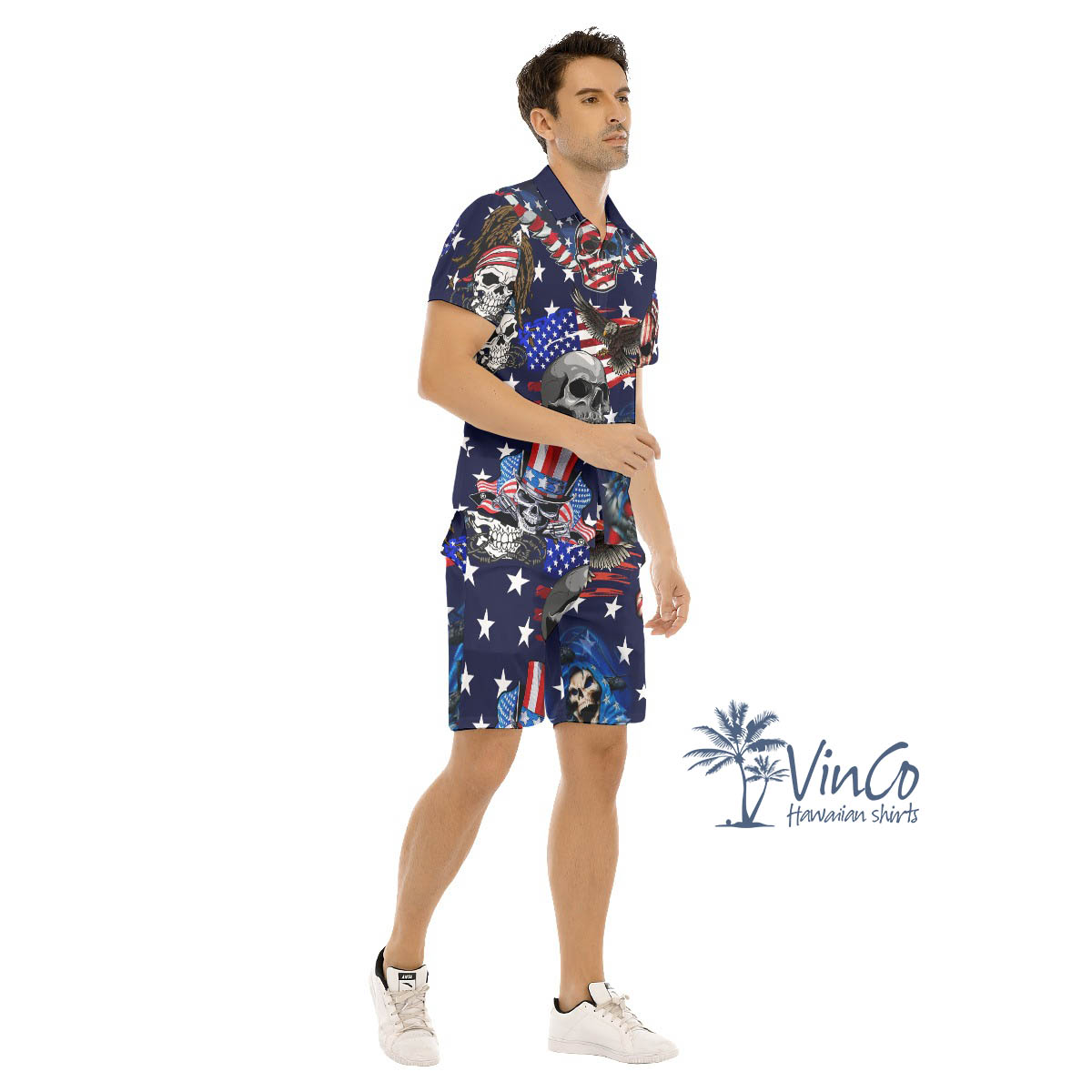 Set American Eagle Skull Patriotic Hawaiian Shirt And Shorts For Men