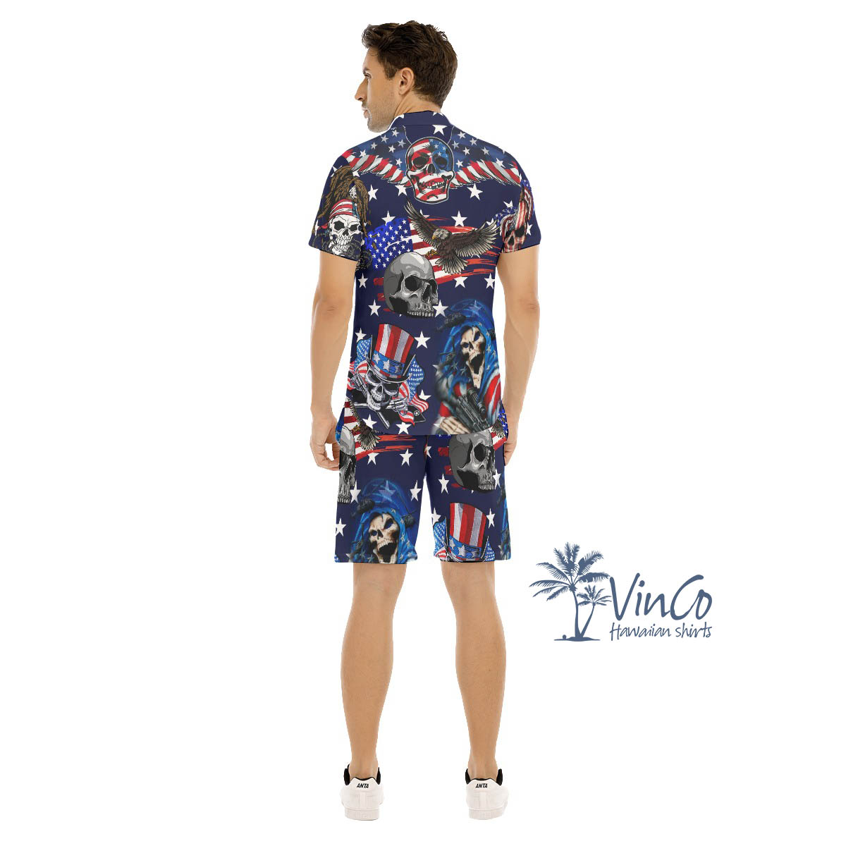 Set American Eagle Skull Patriotic Hawaiian Shirt And Shorts For Men