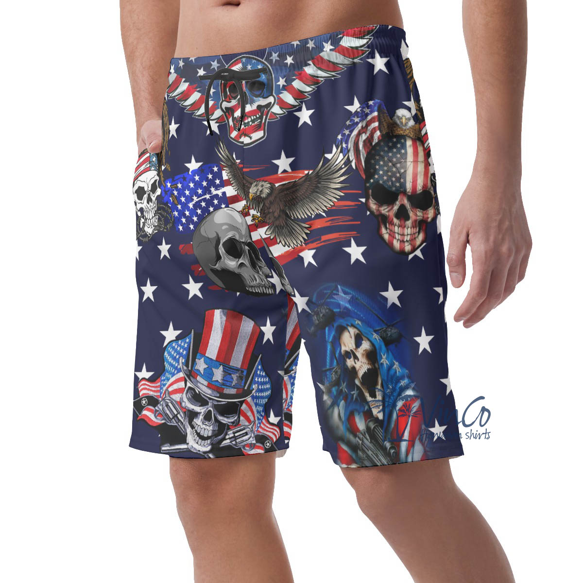 Funny Skull 4th Of July Hawaiian Beach Shorts For Men