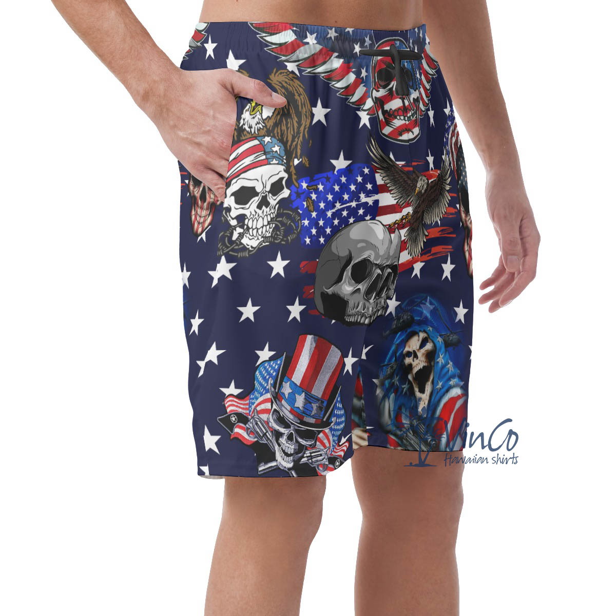 Funny Skull 4th Of July Hawaiian Beach Shorts For Men