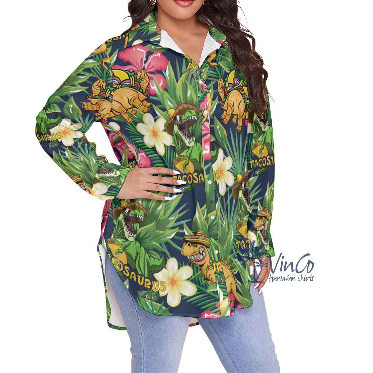 Tropical Taco Dinosaur Plus Size Hawaiian Shirt For Women