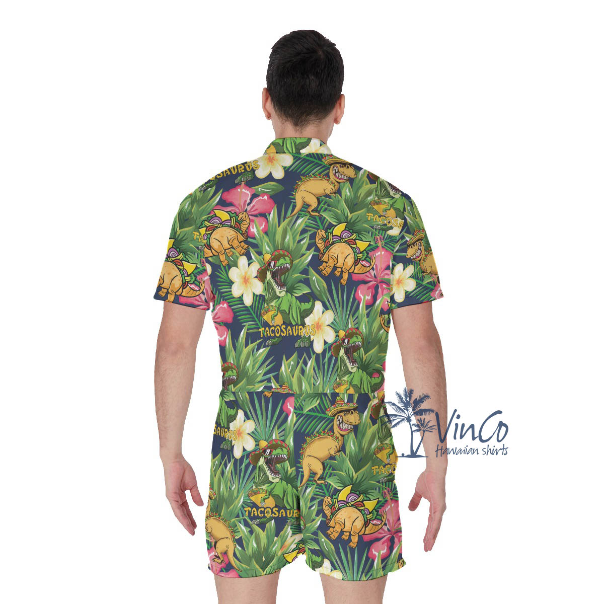 Tropical Dinosaur Taco Men's Hawaiian Romper