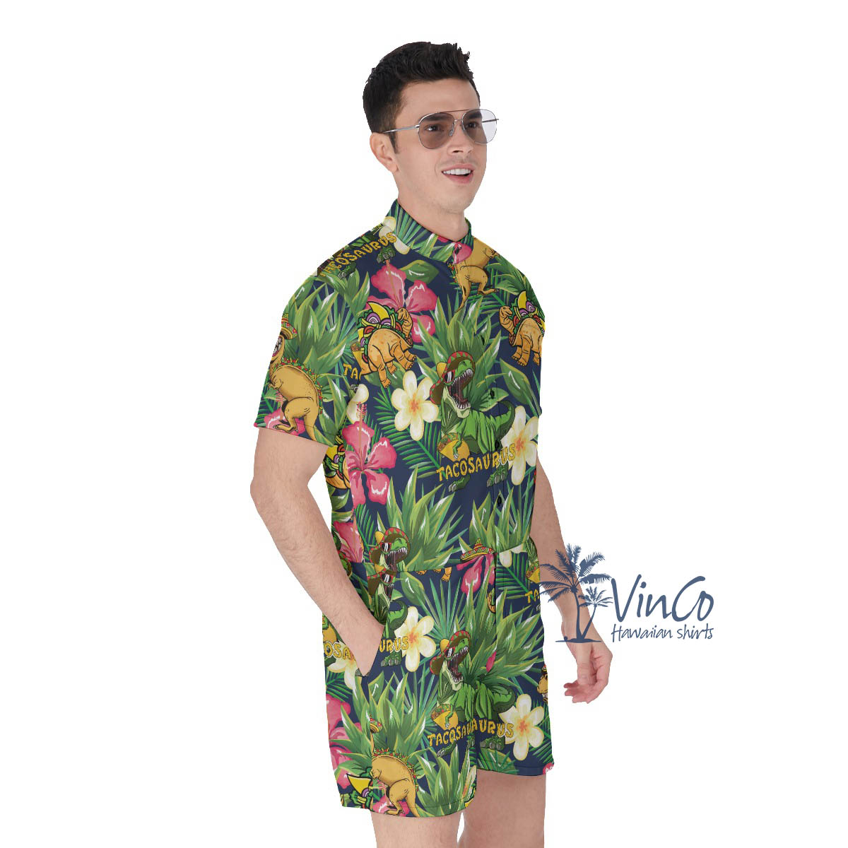 Tropical Dinosaur Taco Men's Hawaiian Romper