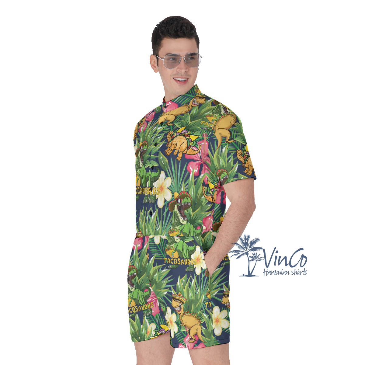 Tropical Dinosaur Taco Men's Hawaiian Romper
