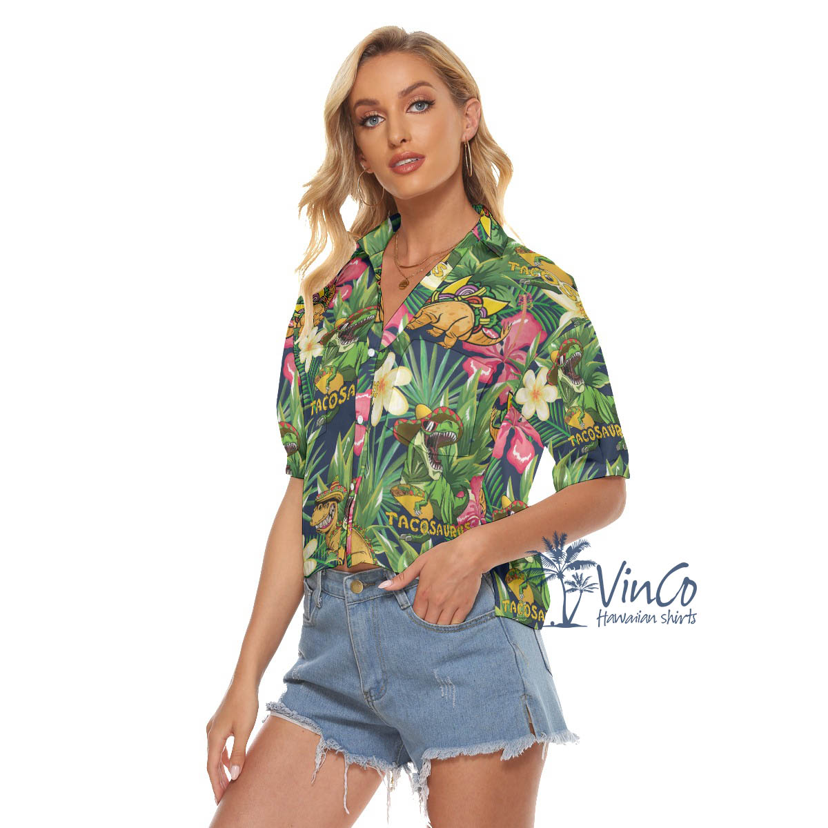 Funny Tacosaurus Tropical Aloha Crop Top Shirt