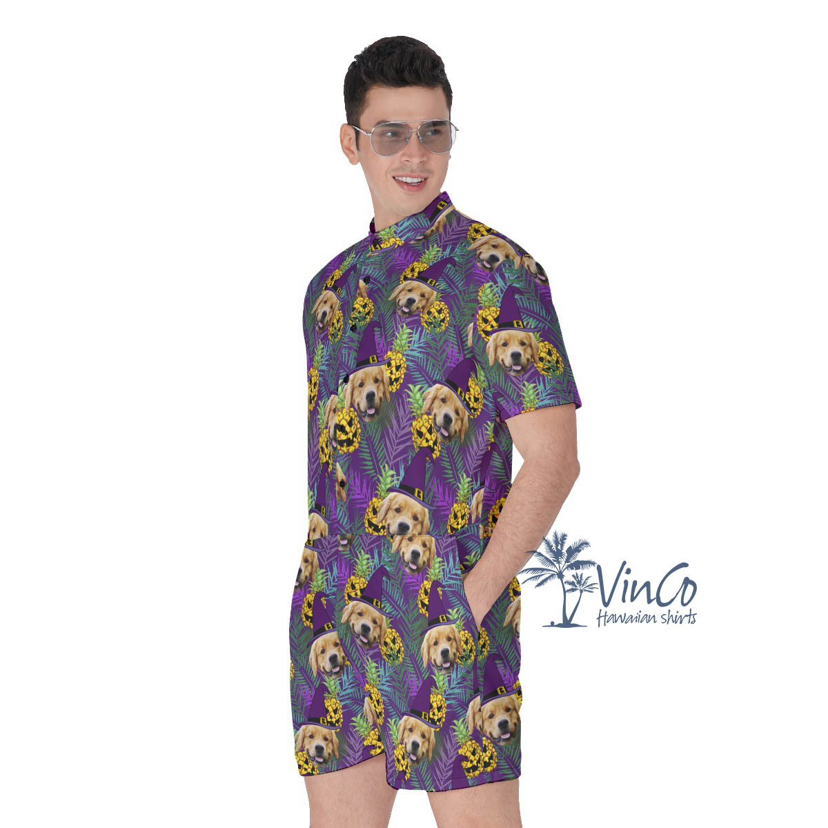 Custom Dog Photo Halloween Hawaiian Romper For Men