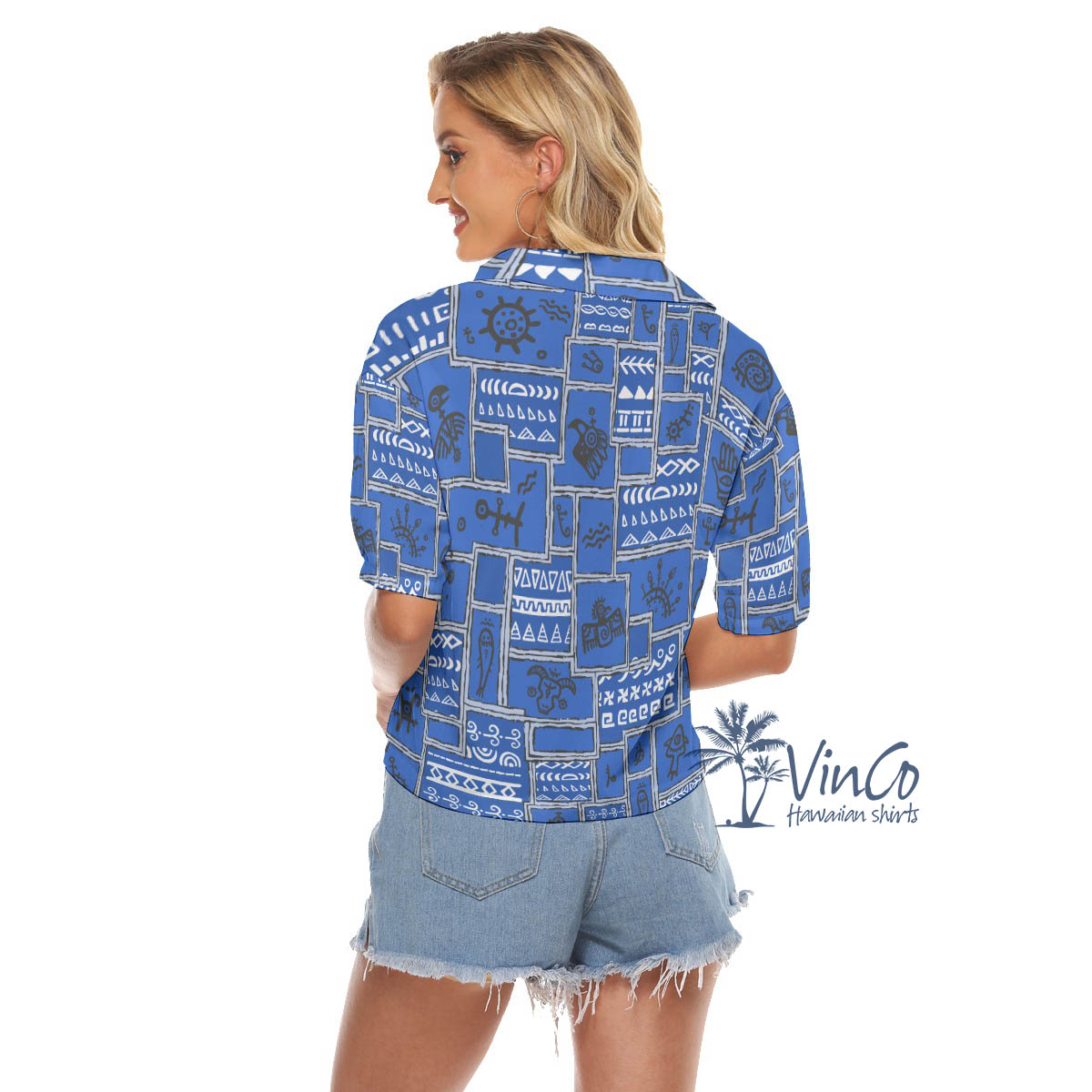 Vintage Navy Aloha Crop Top Shirt With Ethnic Patterns For Women