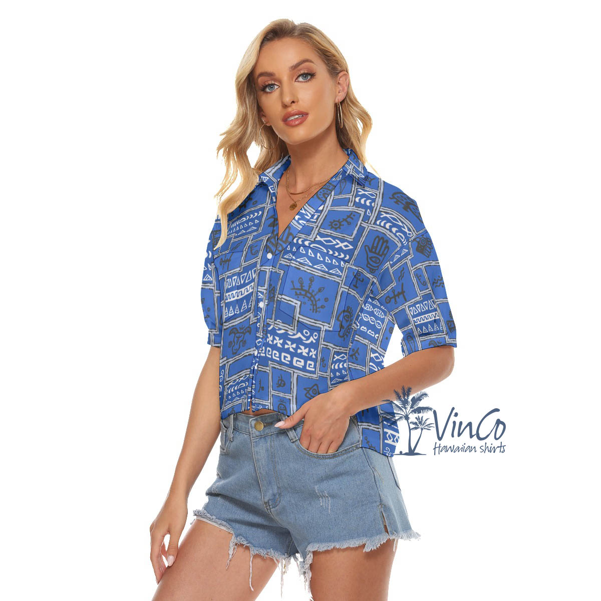Vintage Navy Aloha Crop Top Shirt With Ethnic Patterns For Women