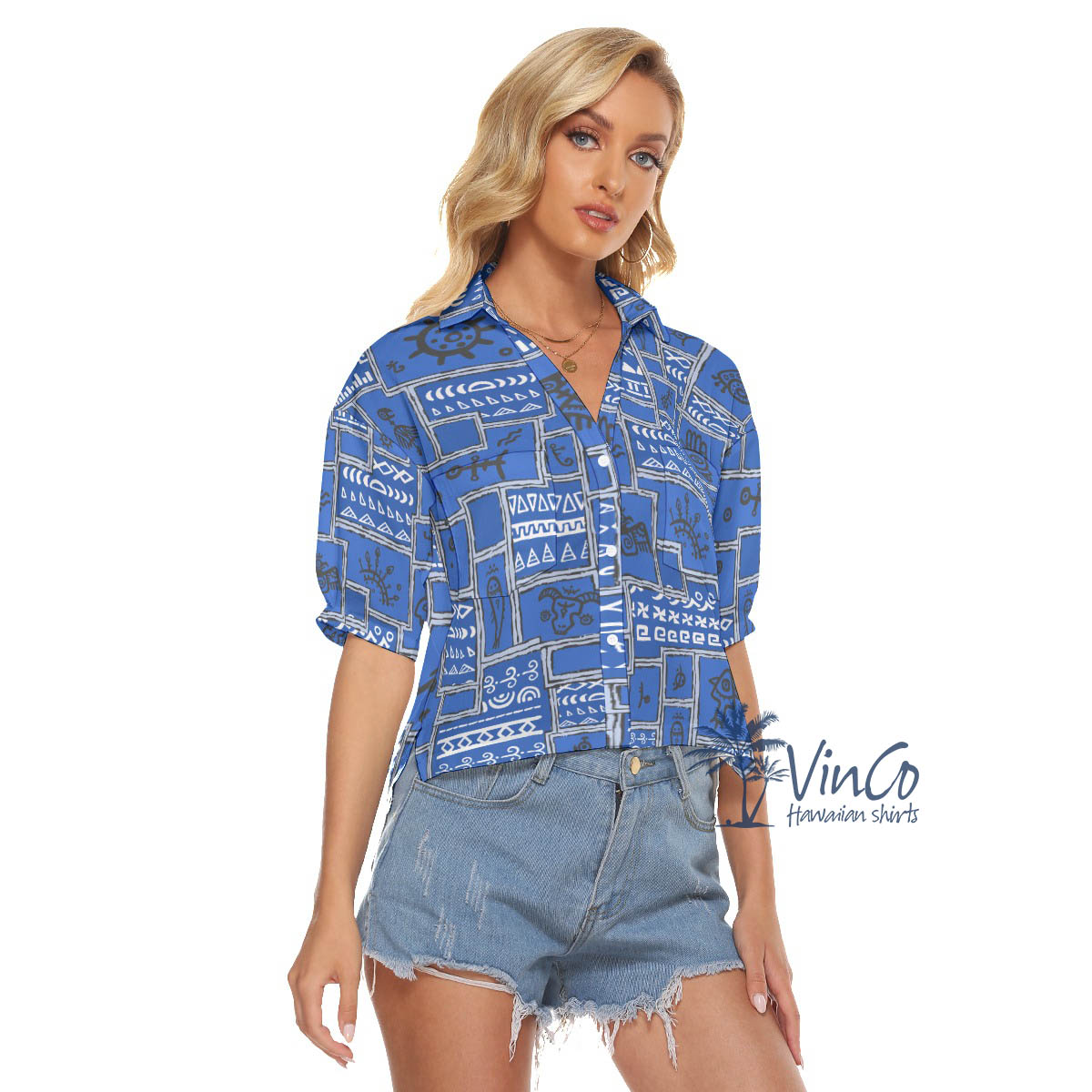 Vintage Navy Aloha Crop Top Shirt With Ethnic Patterns For Women