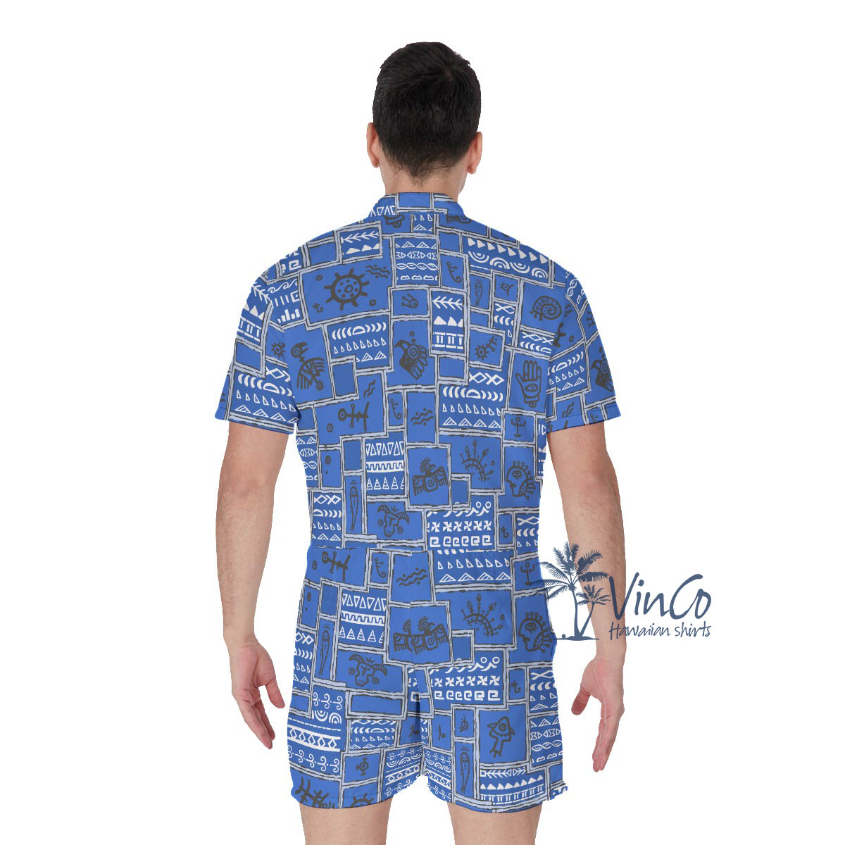 Vintage Navy Men's Hawaiian Romper With Ethnic Patterns