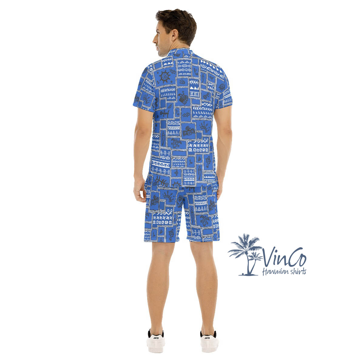 Vintage Blue Hawaiian Shirt And Shorts With Ethnic Patterns