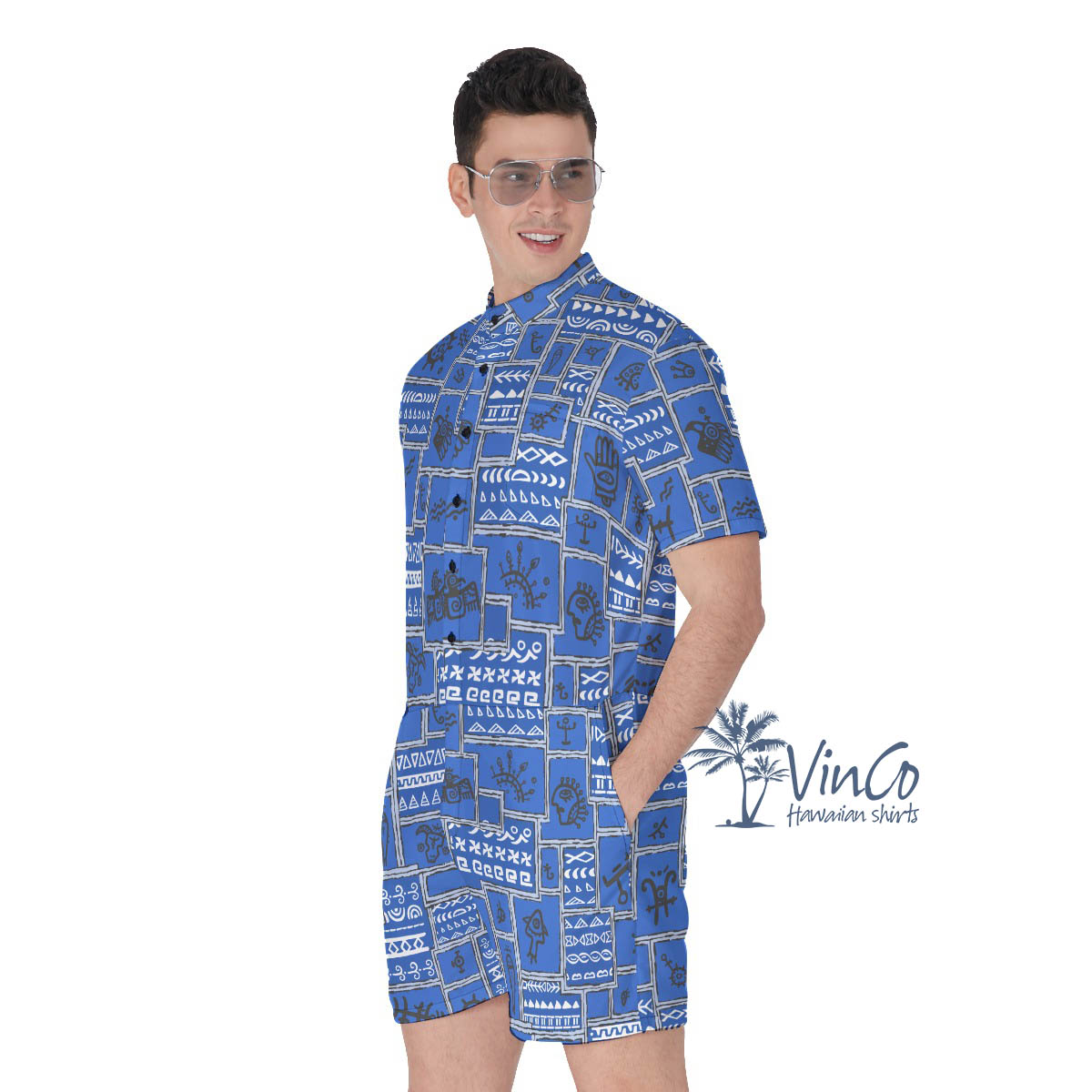 Vintage Navy Men's Hawaiian Romper With Ethnic Patterns