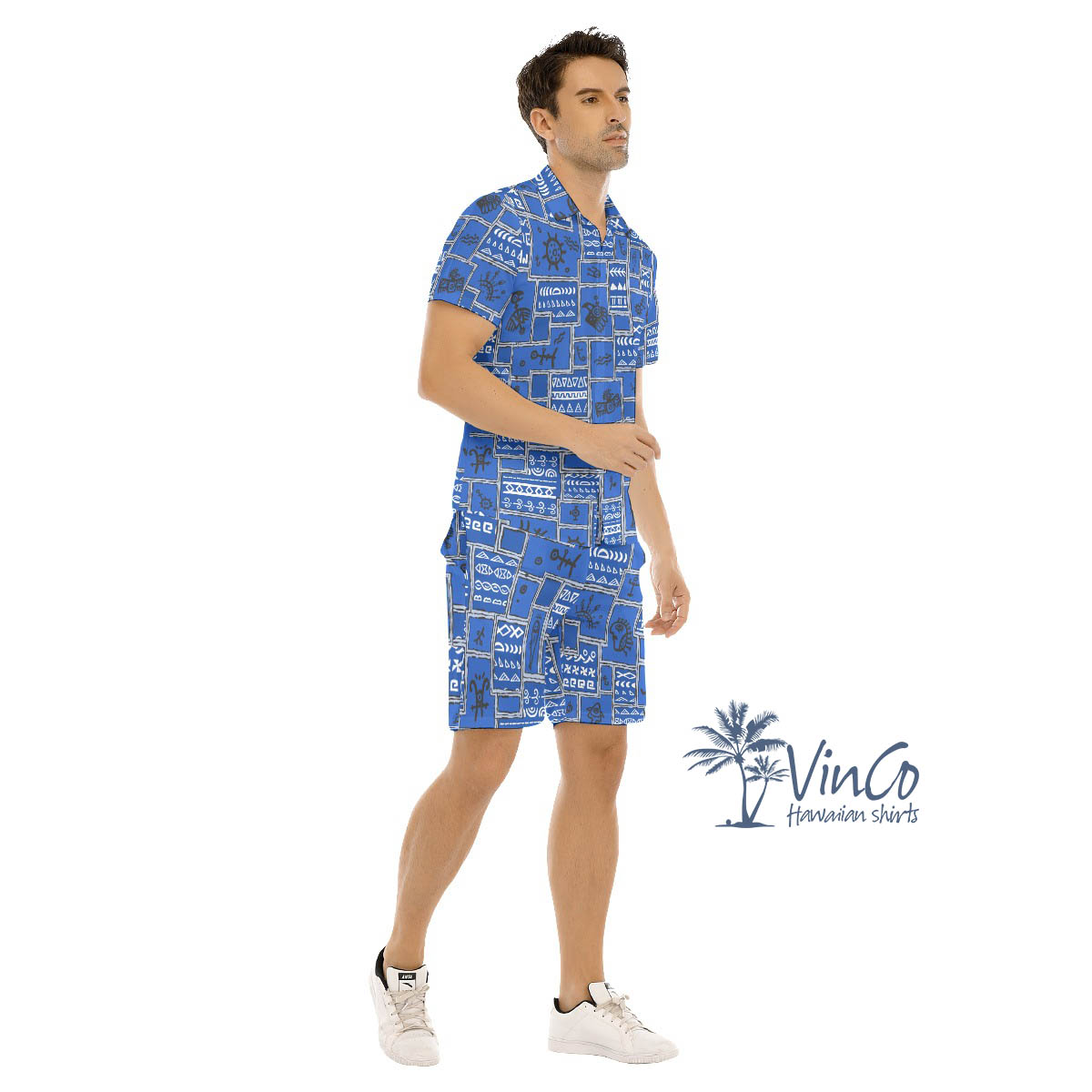Vintage Blue Hawaiian Shirt And Shorts With Ethnic Patterns