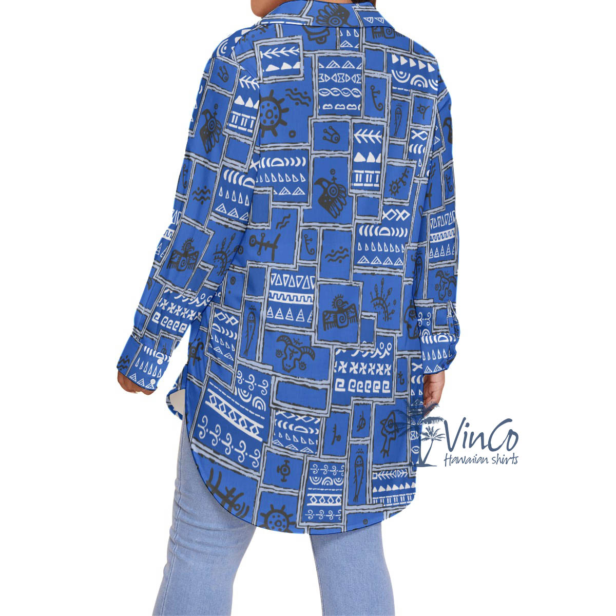 Navy Vintage Ethnic Style Plus Size Hawaiian Shirt For Women