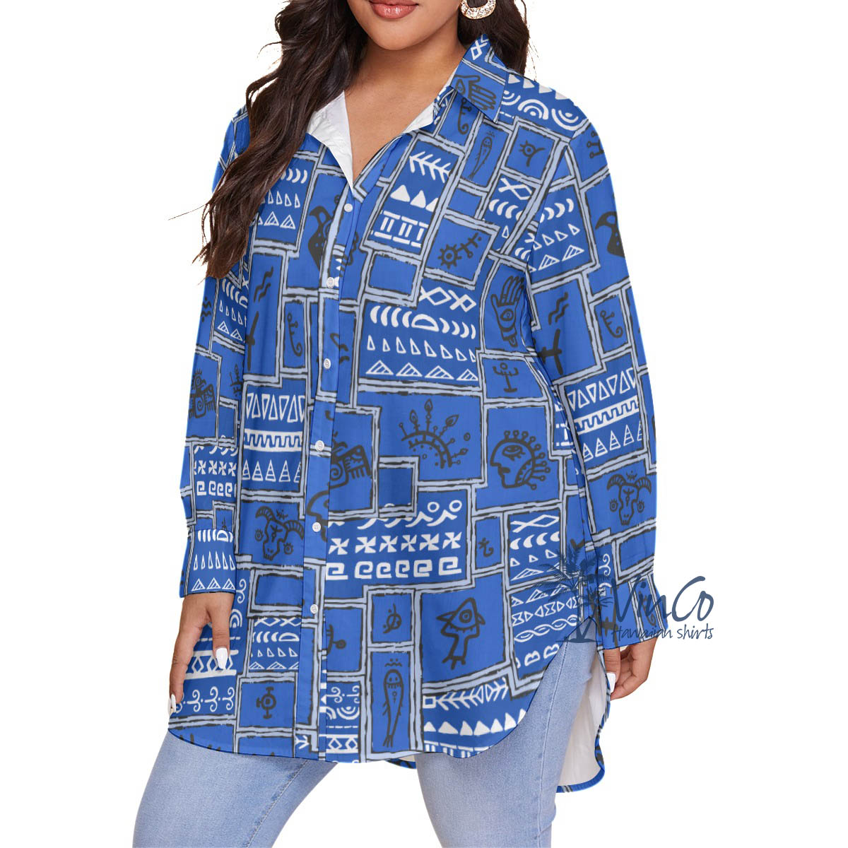 Navy Vintage Ethnic Style Plus Size Hawaiian Shirt For Women