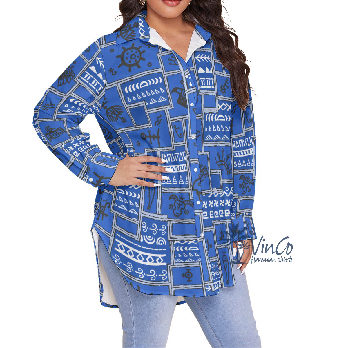 Navy Vintage Ethnic Style Plus Size Hawaiian Shirt For Women