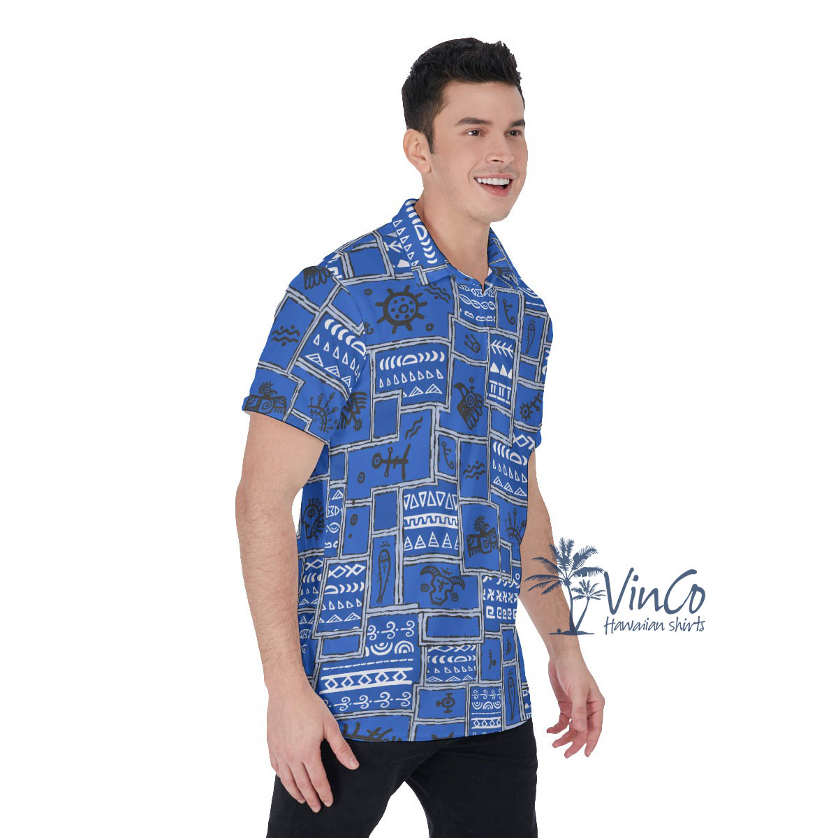 Ethnic Style Navy Vintage Hawaiian Polo Shirt For Men