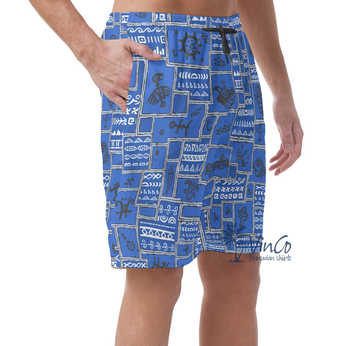 Blue Vintage Hawaiian Beach Shorts With Ethnic Patterns