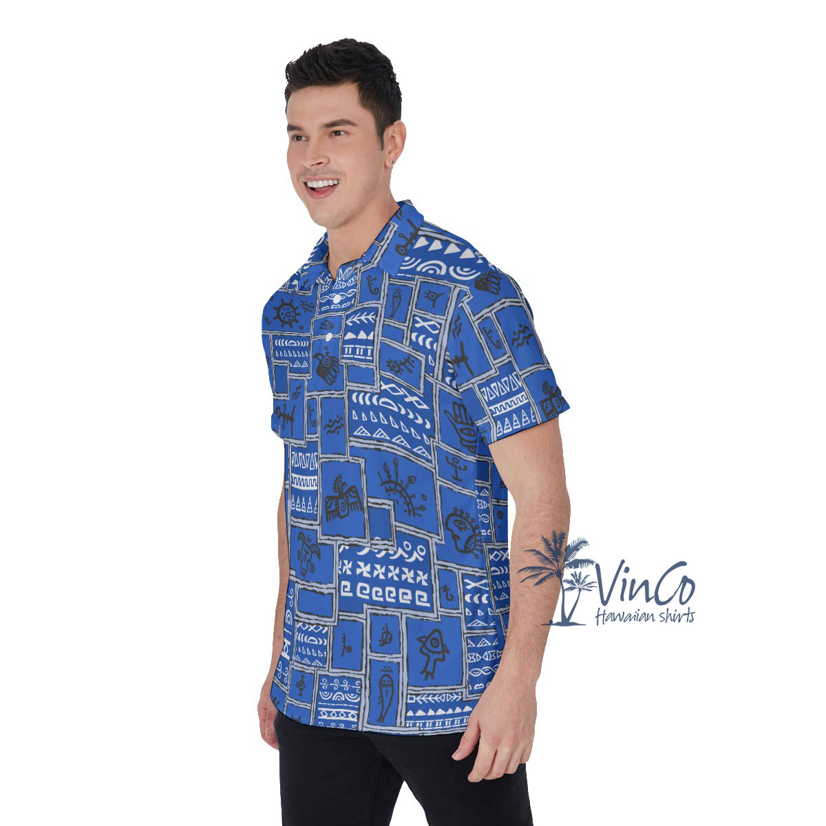 Ethnic Style Navy Vintage Hawaiian Polo Shirt For Men