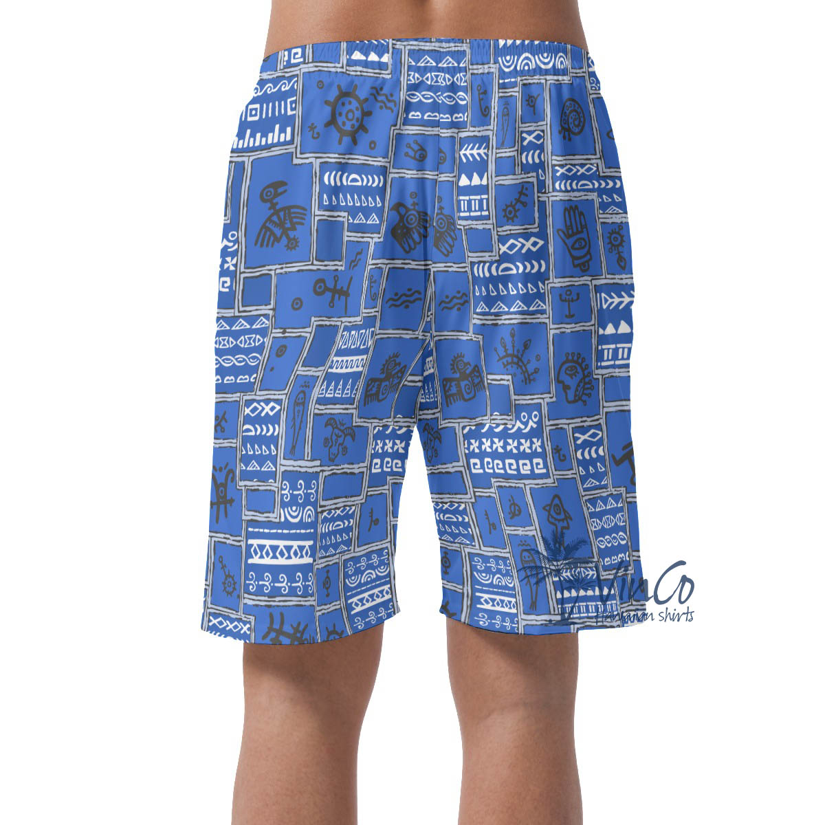 Blue Vintage Hawaiian Beach Shorts With Ethnic Patterns