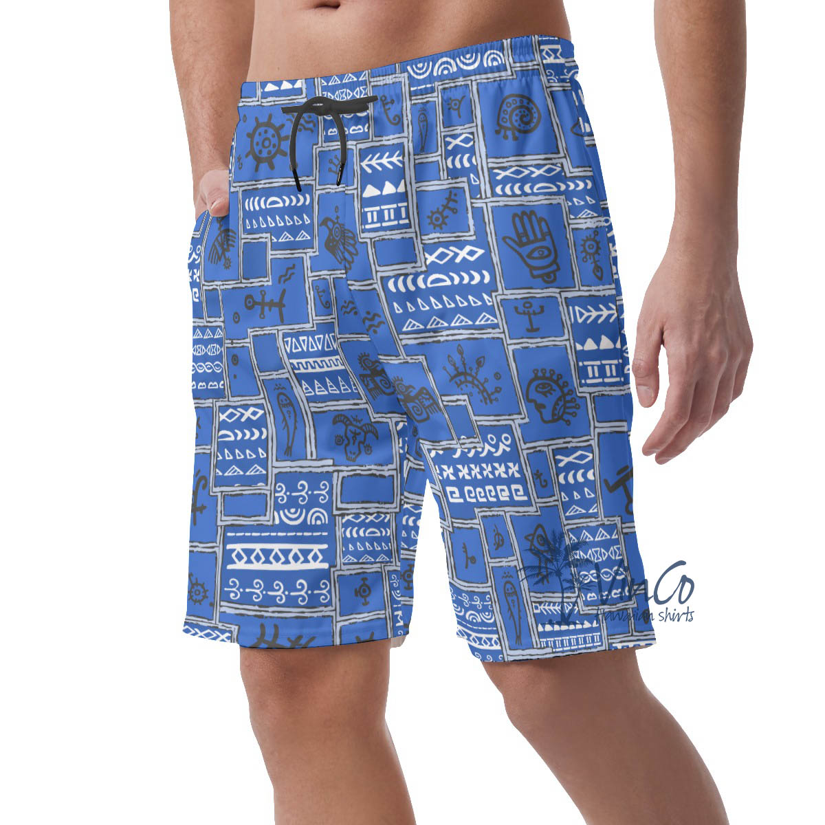 Blue Vintage Hawaiian Beach Shorts With Ethnic Patterns