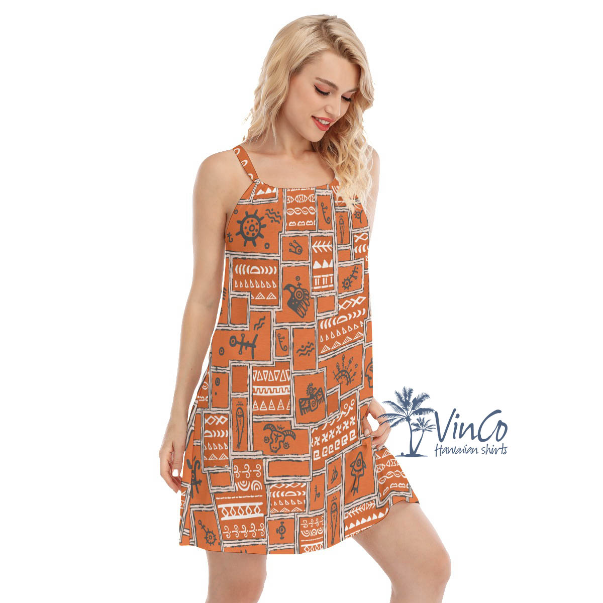 Orange Vintage Aloha Cami Dress With Ethnic Style