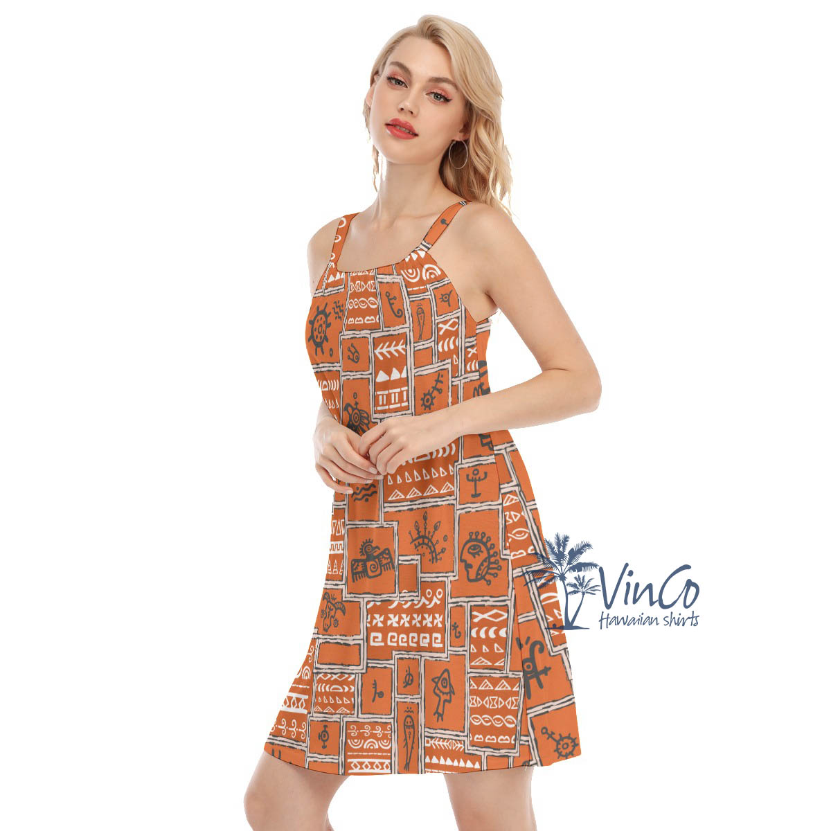 Orange Vintage Aloha Cami Dress With Ethnic Style