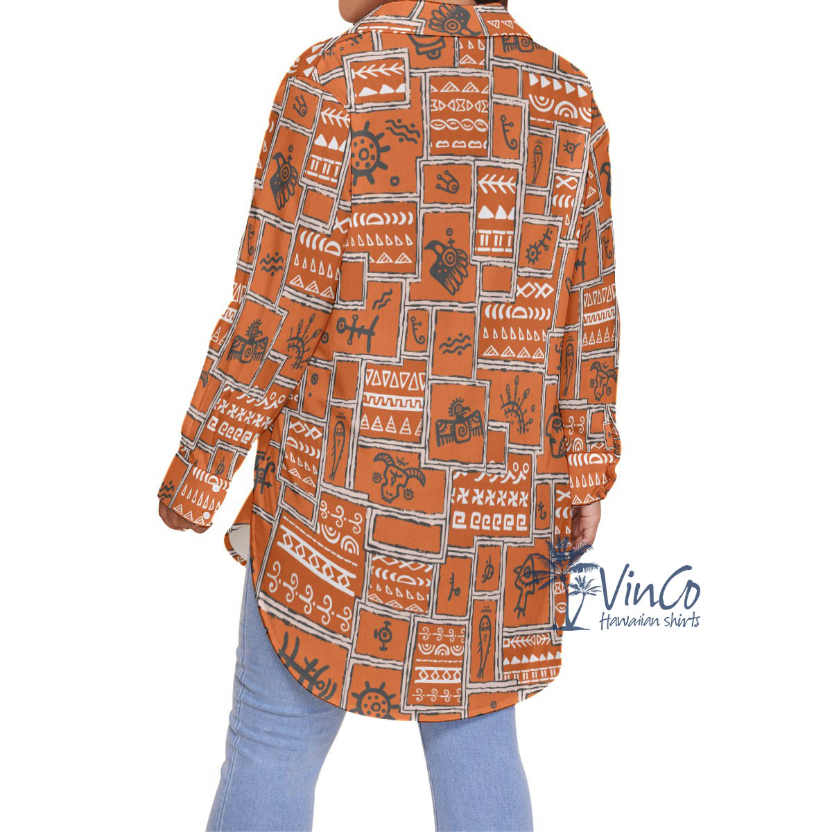 Orange Vintage Plus Size Hawaiian Shirt With Ethnic Style